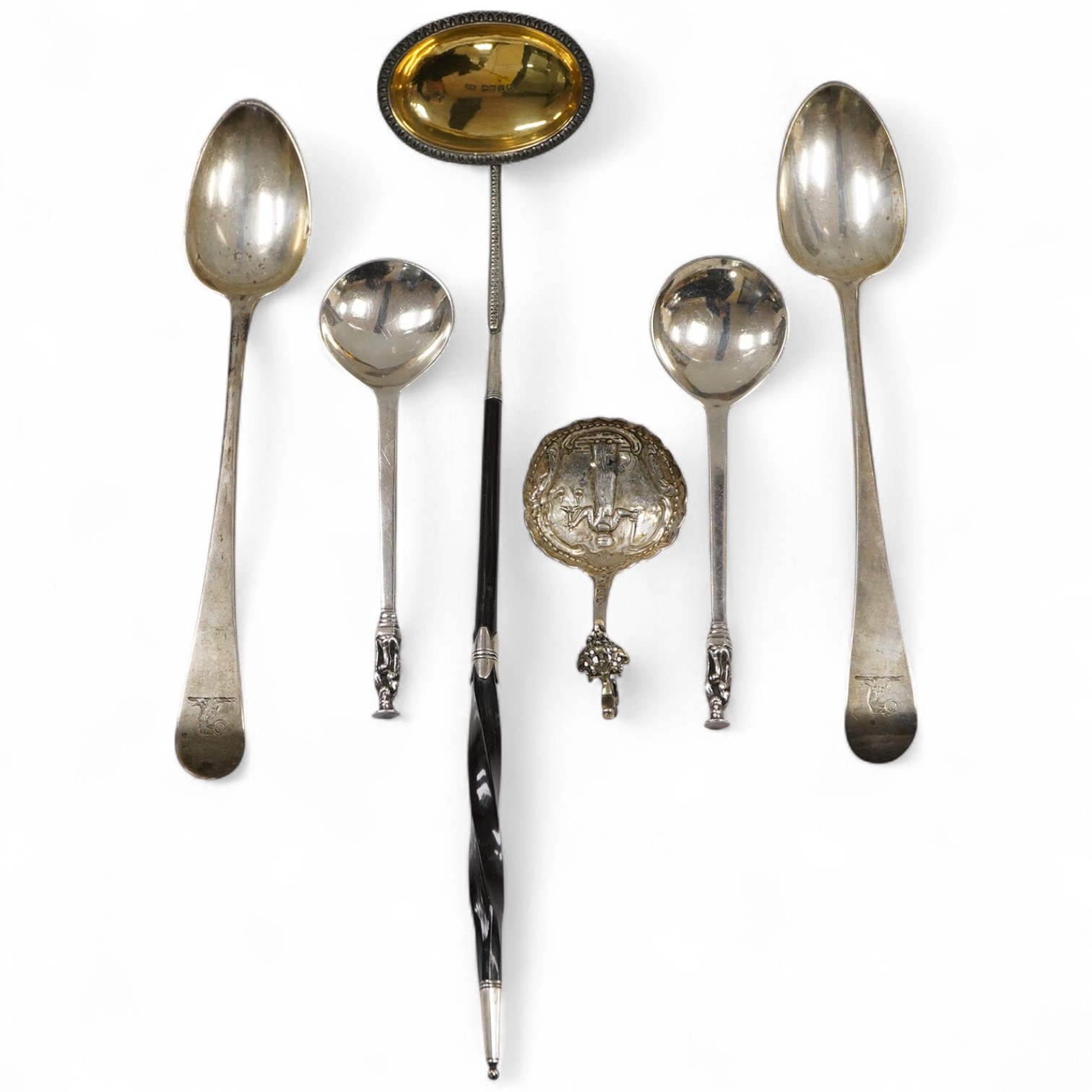 A pair of George III silver Old English pattern basting spoons, by Smith & Fearn, London, 1792, 27.4cm, with engraved crest, together with a George IV silver toddy ladle, with baleen handle, London, 1823 and three contin
